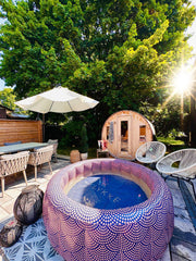 Adult Kiddie designer inflatable pool. Luxury inflatable pool by LYKKE in an outdoor oasis backyard. Spa backyard. designer backyard.